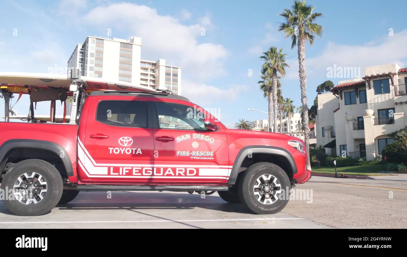 La Jolla, California USA 23 Nov 2020 Lifeguard red pickup truck, life guard auto by beach