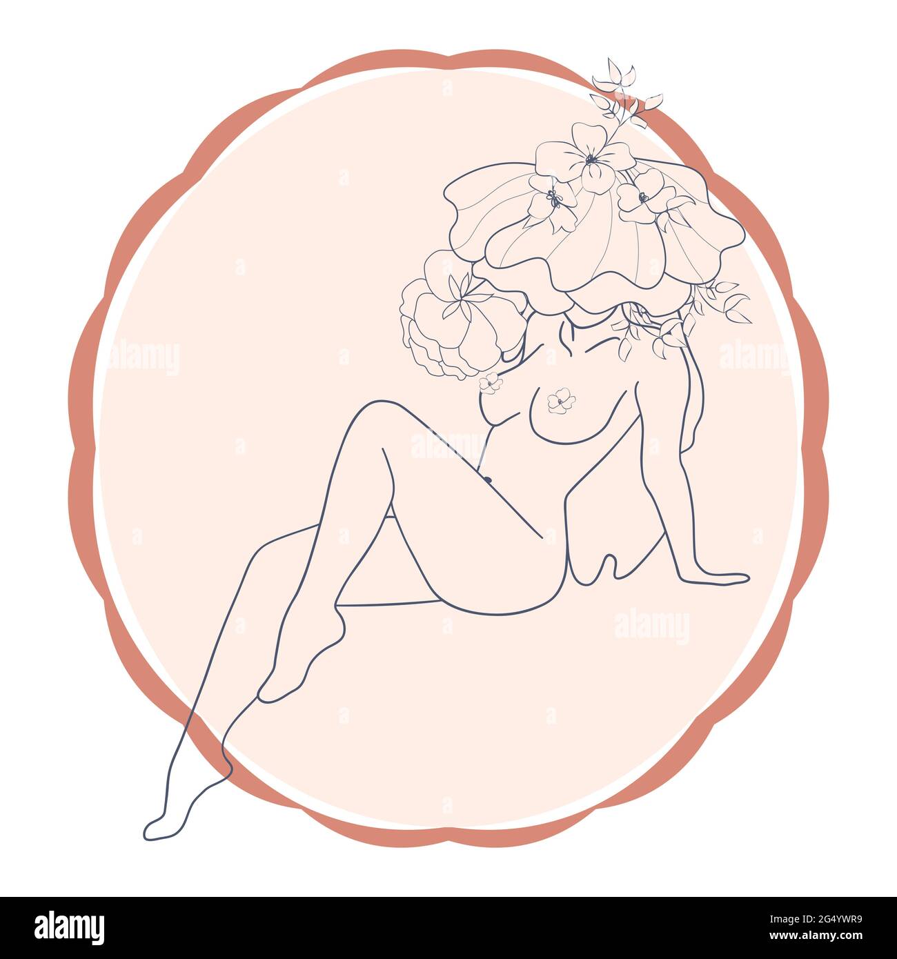 Silhouette of a woman, female body, body positive, cosmetic concept with flowers, trendy beige, template Stock Vector