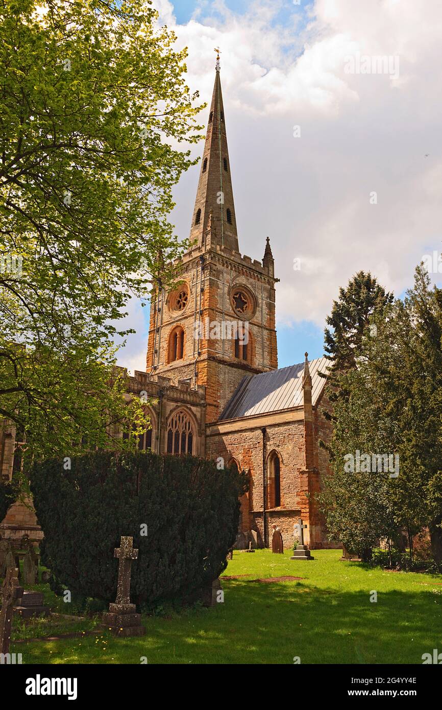 Spire, Bell Tower and North Transept of Holy Trinity Church, Stratford-upon-Avon, Warwickshire, England Stock Photo