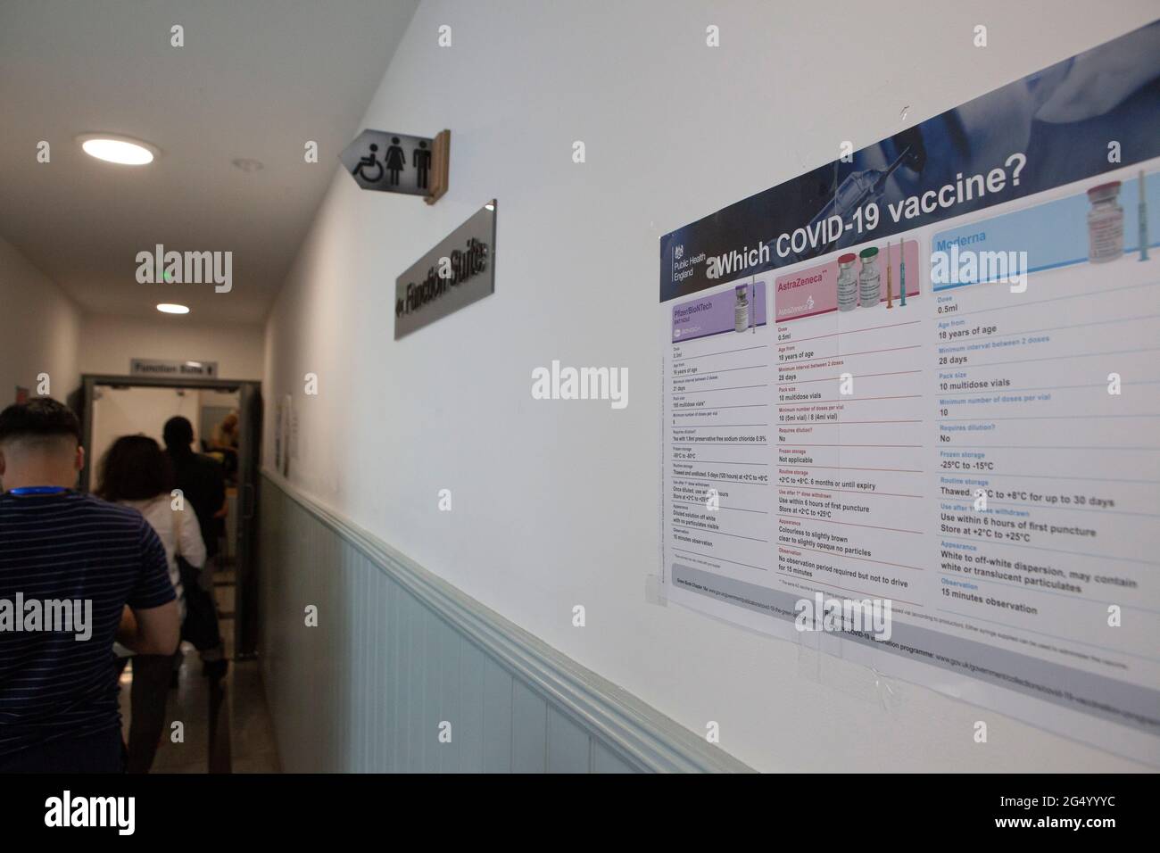 London, UK, 24 June 2021: At a vaccine centre in Tooting, a poster explains the differences bwetwwen the AstraZeneca, Modrena and Pfizer jabs. It is hoped that a rapid vaccine roll-out can mitigate the spread of the Delta Variant. Anna Watson/Alamy Live News Stock Photo