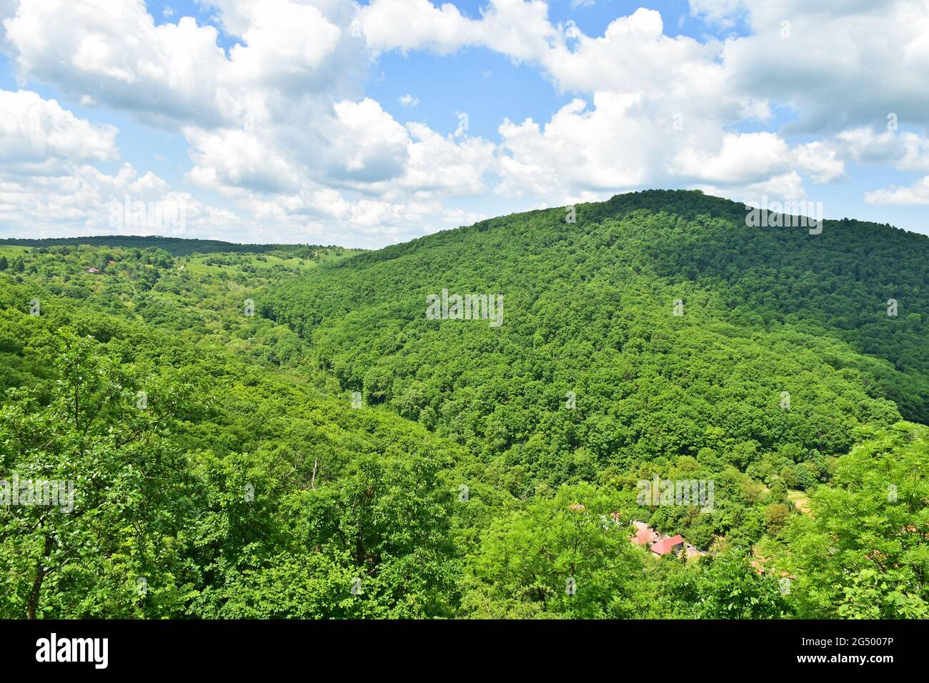 View of Szarvasko village and the Bukk mountains, Hungary Stock Photo