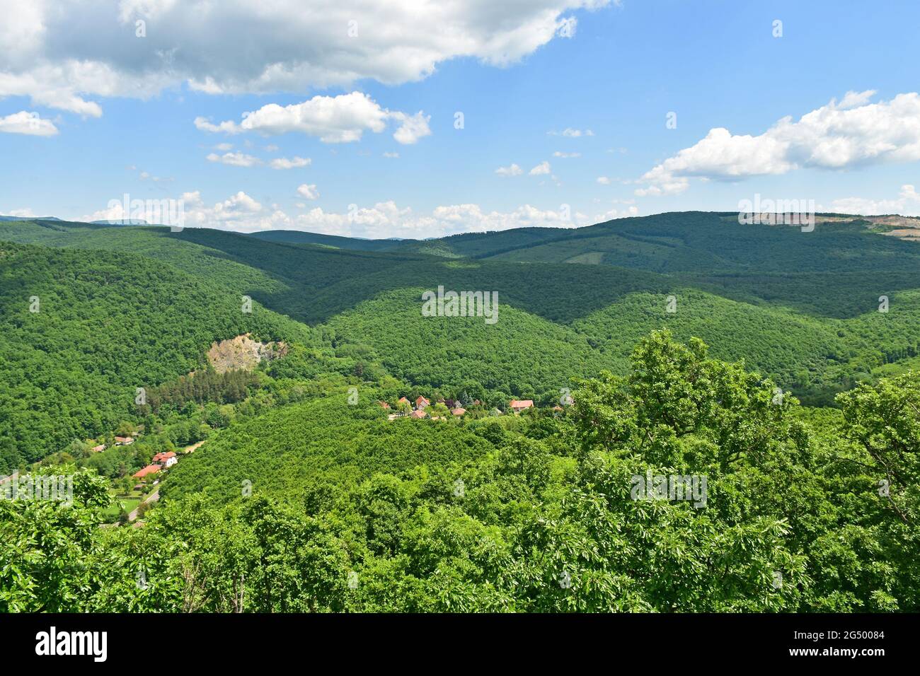 View of Szarvasko village and the Bukk mountains, Hungary Stock Photo