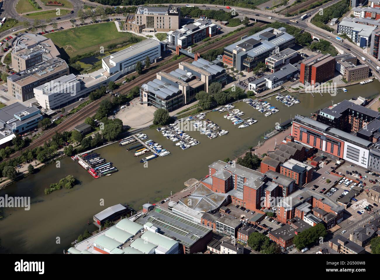 aerial view of Brayford Pool (a natural lake used by Lincoln Marina) in Lincoln city centre Stock Photo