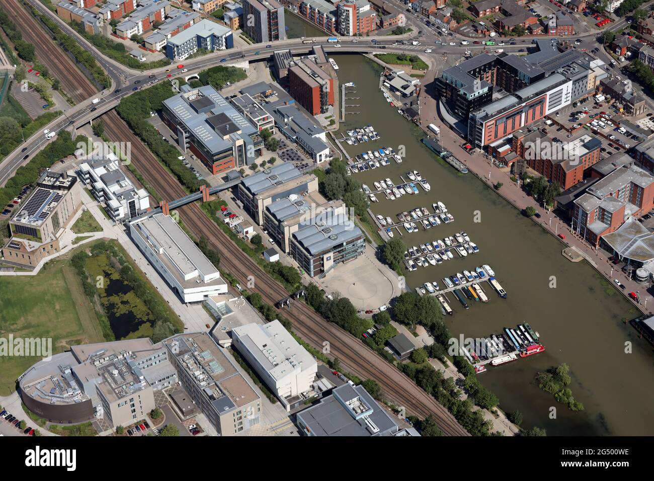 aerial view of Brayford Pool (a natural lake used by Lincoln Marina) in Lincoln city centre Stock Photo