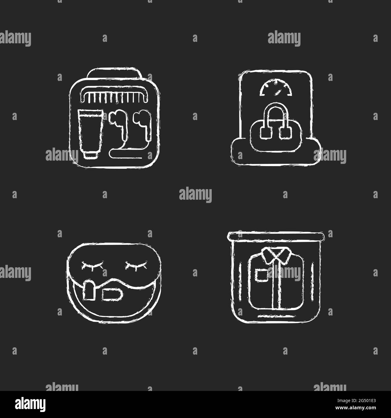 Essential things for travelling chalk white icons set on dark ...