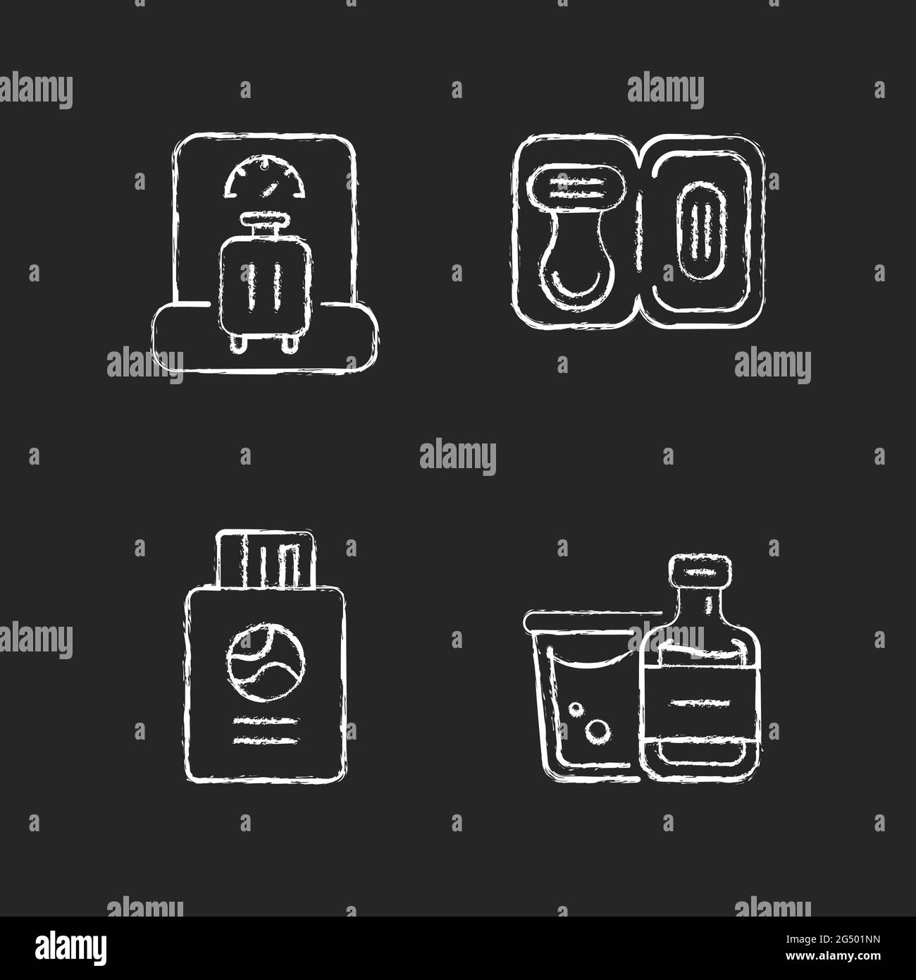 Tourist baggage for travel chalk white icons set on dark background ...