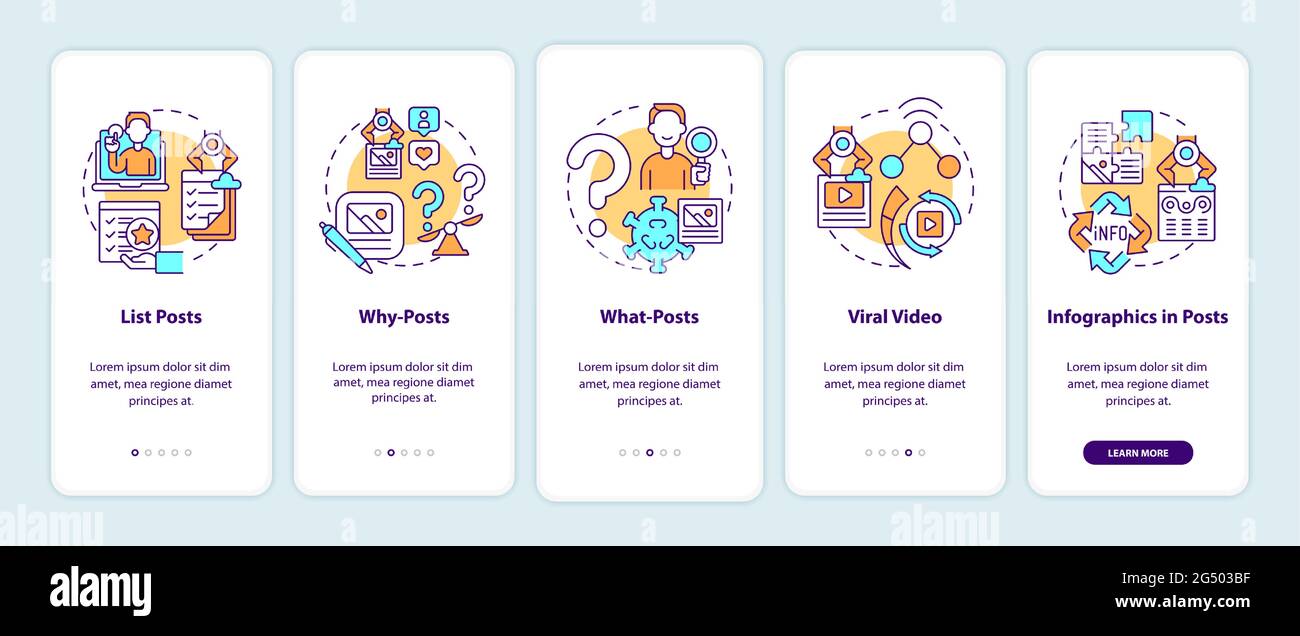 Top viral posts types onboarding mobile app page screen Stock Vector ...