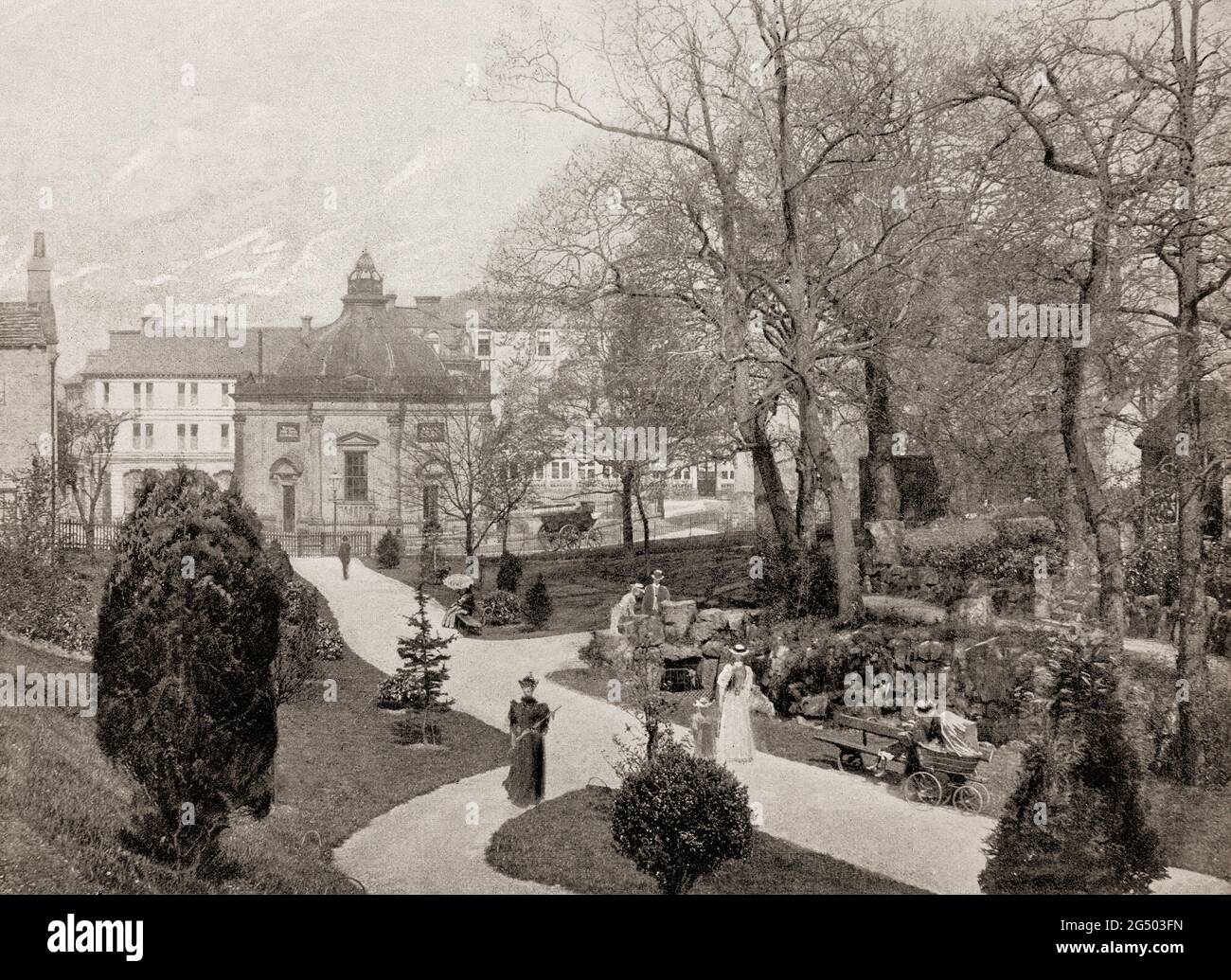 A late 19th century view of the Bog Gardens in Harrogate, known as 'The English Spa' in the Georgian era, after its waters were discovered in the 16th century, North Yorkshire, England. The spa water containing iron, sulphur and common salt, were a popular health treatment, and the influx of wealthy but sickly visitors contributed significantly to the wealth of the town. Stock Photo