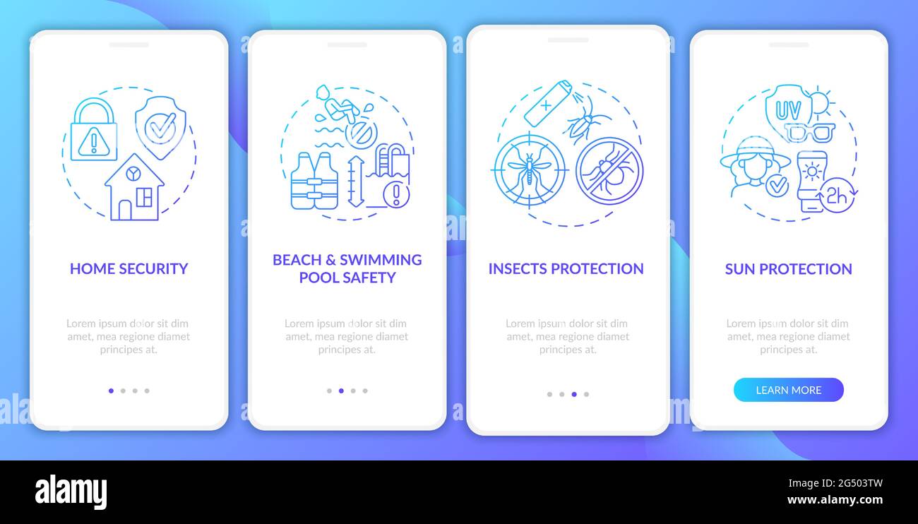Summer break safety onboarding mobile app page screen Stock Vector