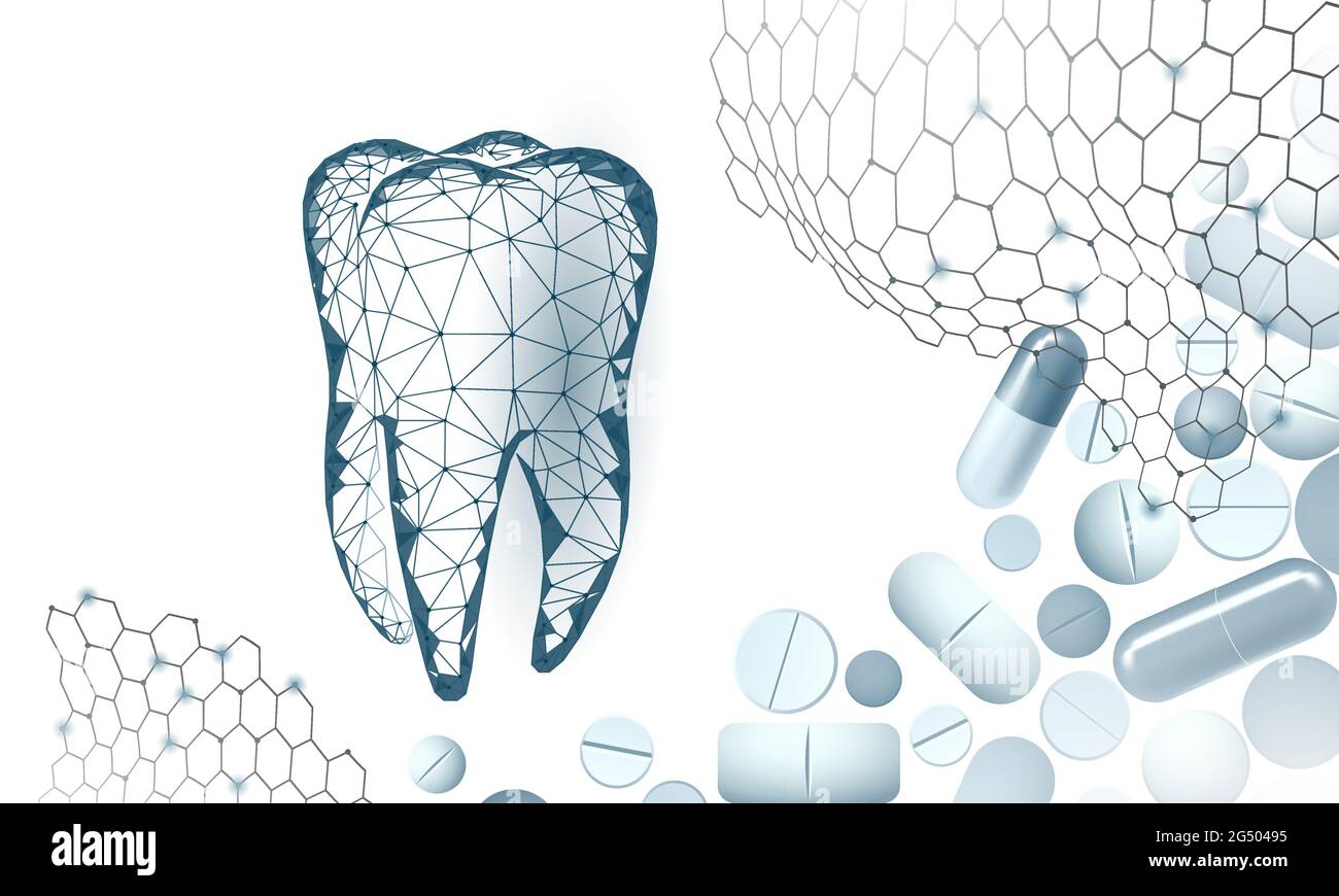 Low poly tooth drug capsule medical concept. Whitening enamel