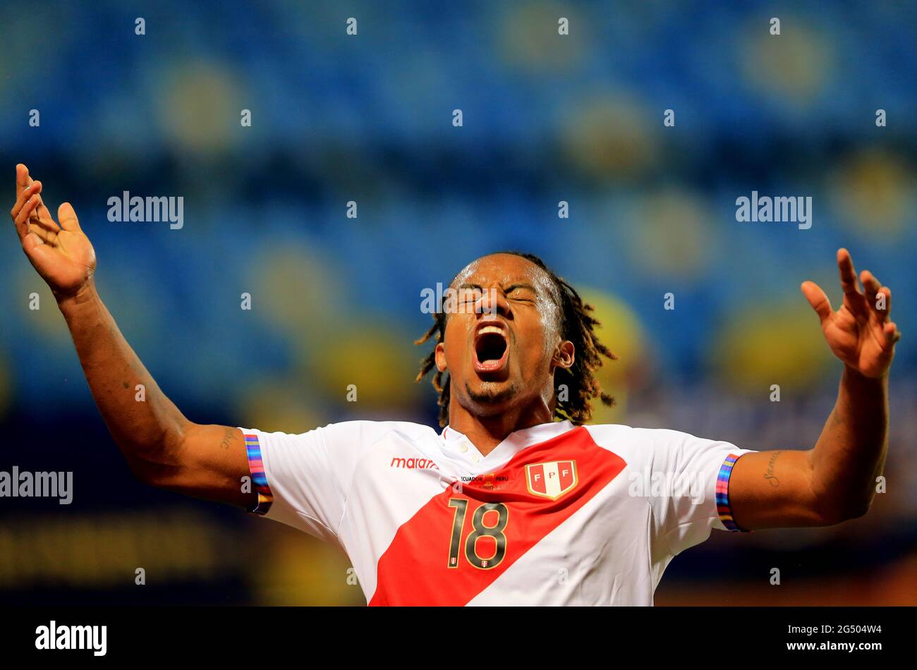 GOIANIA, BRAZIL - JUNE 23: Andre Carrillo of Peru celebrates after scores his gol ,during the match between Colombia and Peru as part of Conmebol Copa America Brazil 2021 at Estadio Olimpico on June 23, 2021 in Goiania, Brazil. MB Media Stock Photo