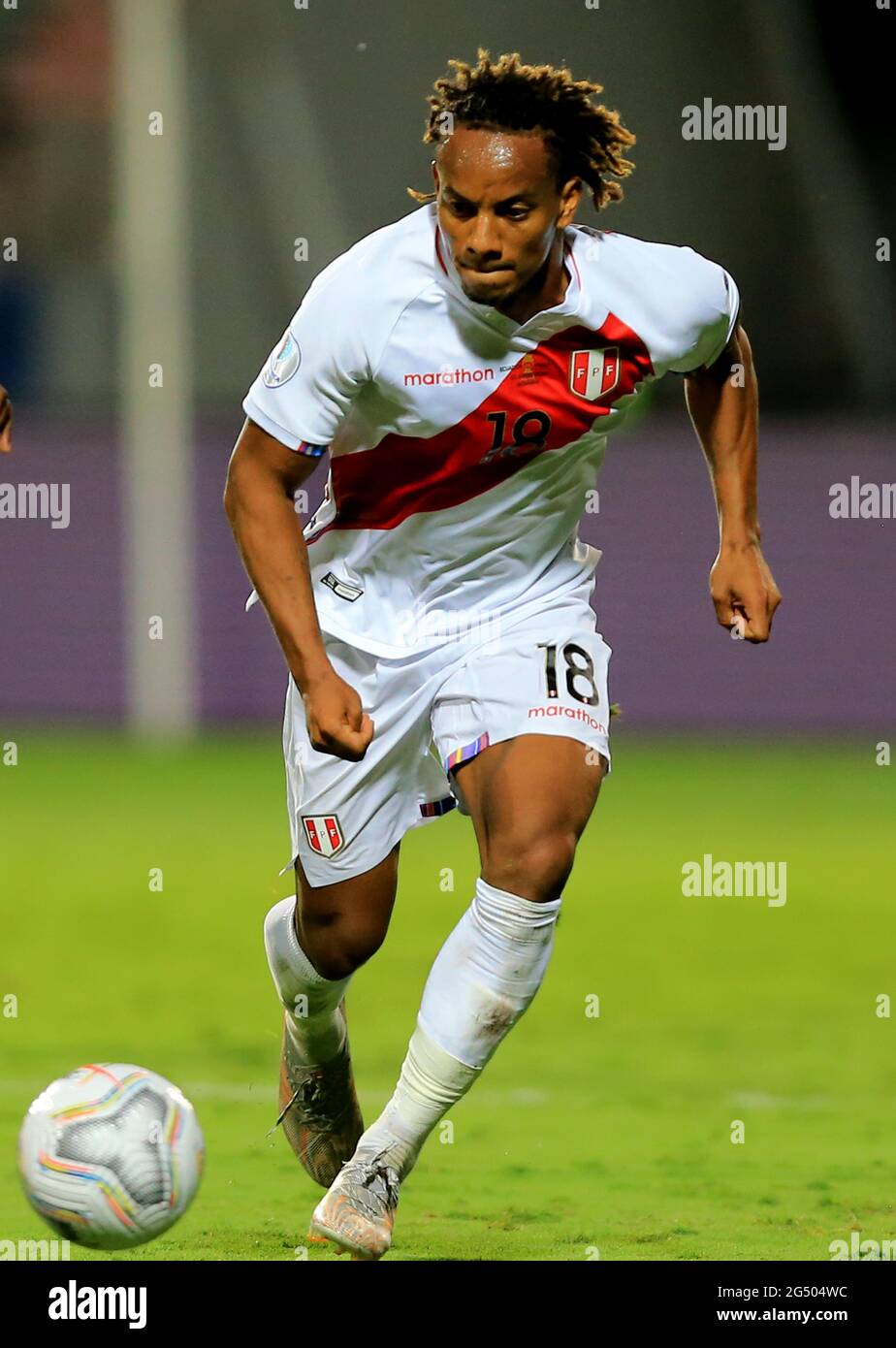 GOIANIA, BRAZIL - JUNE 23: Andre Carrillo of Peru in action ,during the match between Colombia and Peru as part of Conmebol Copa America Brasil 2021 at Estadio Olimpico on June 23, 2021 in Goiania, Brazil. MB Media Stock Photo