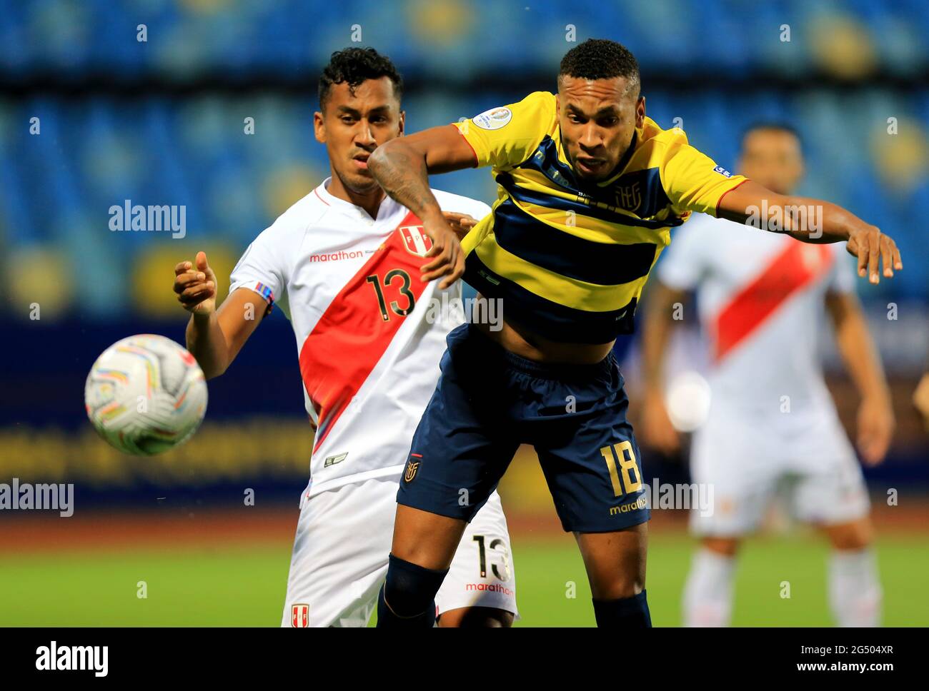 GOIANIA, BRAZIL - JUNE 23: Ayrton Preciado of Ecuador competes for the ball with Renato Tapia of Peru ,during the match between Colombia and Peru as part of Conmebol Copa America Brazil 2021 at Estadio Olimpico on June 23, 2021 in Goiania, Brazil. MB Media Stock Photo