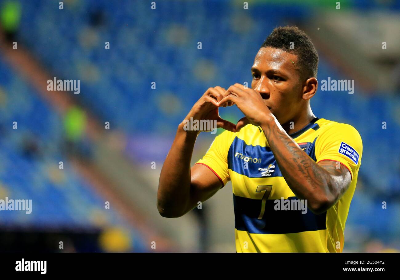 GOIANIA, BRAZIL - JUNE 23: Pervis Estupinan of Ecuador celebrates after own goal of Renato Tapia of Peru ,during the match between Colombia and Peru as part of Conmebol Copa America Brazil 2021 at Estadio Olimpico on June 23, 2021 in Goiania, Brazil. MB Media Stock Photo