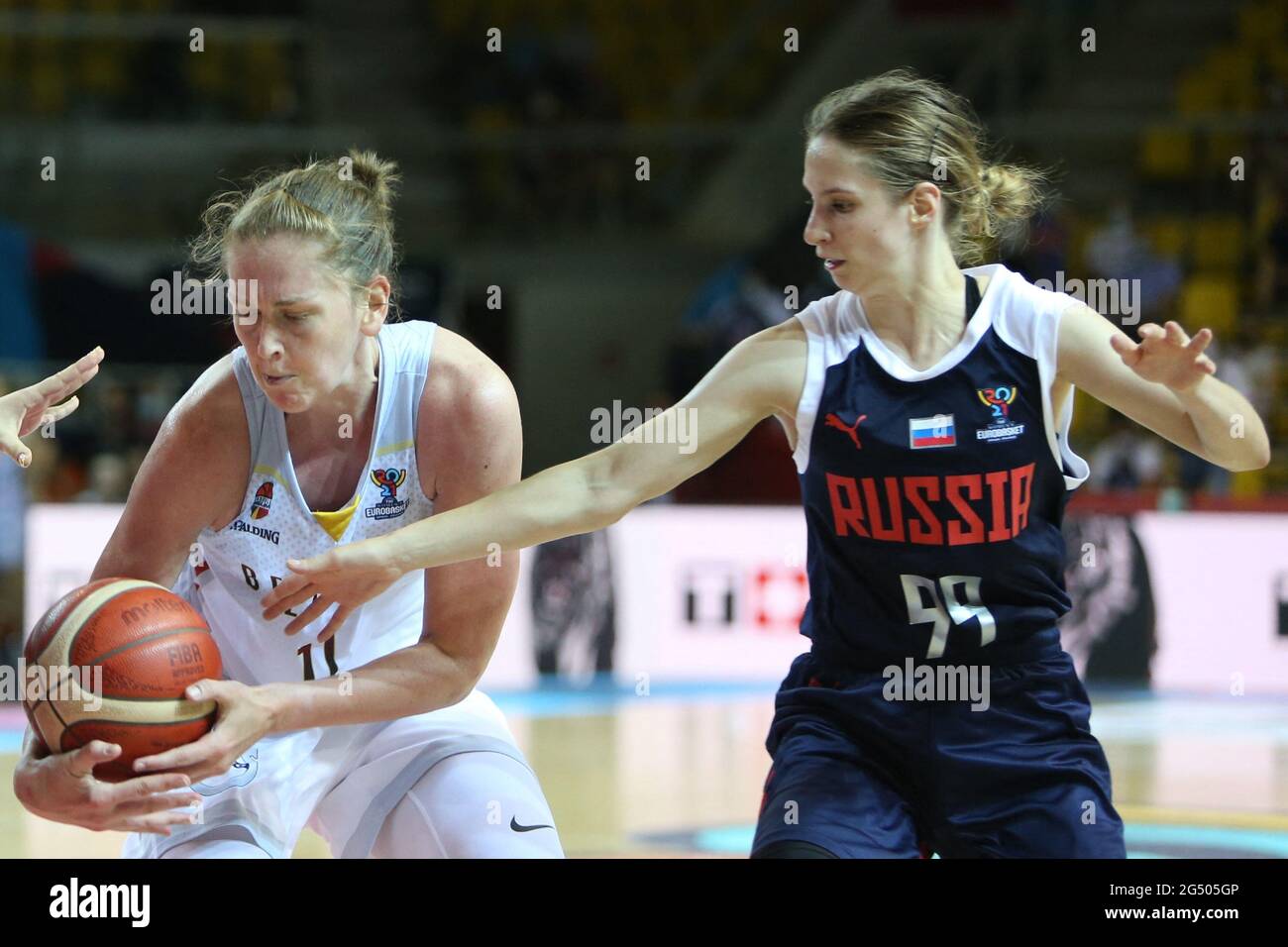 Emma MEESSEMAN of Belgique and Kseniia LEVCHENKO of Russie during the FIBA  Women's EuroBasket 2021, quarter-finals basketball match between Belgium  and Russia on June 23, 2021 at Rhenus Sport in Strasbourg, France.