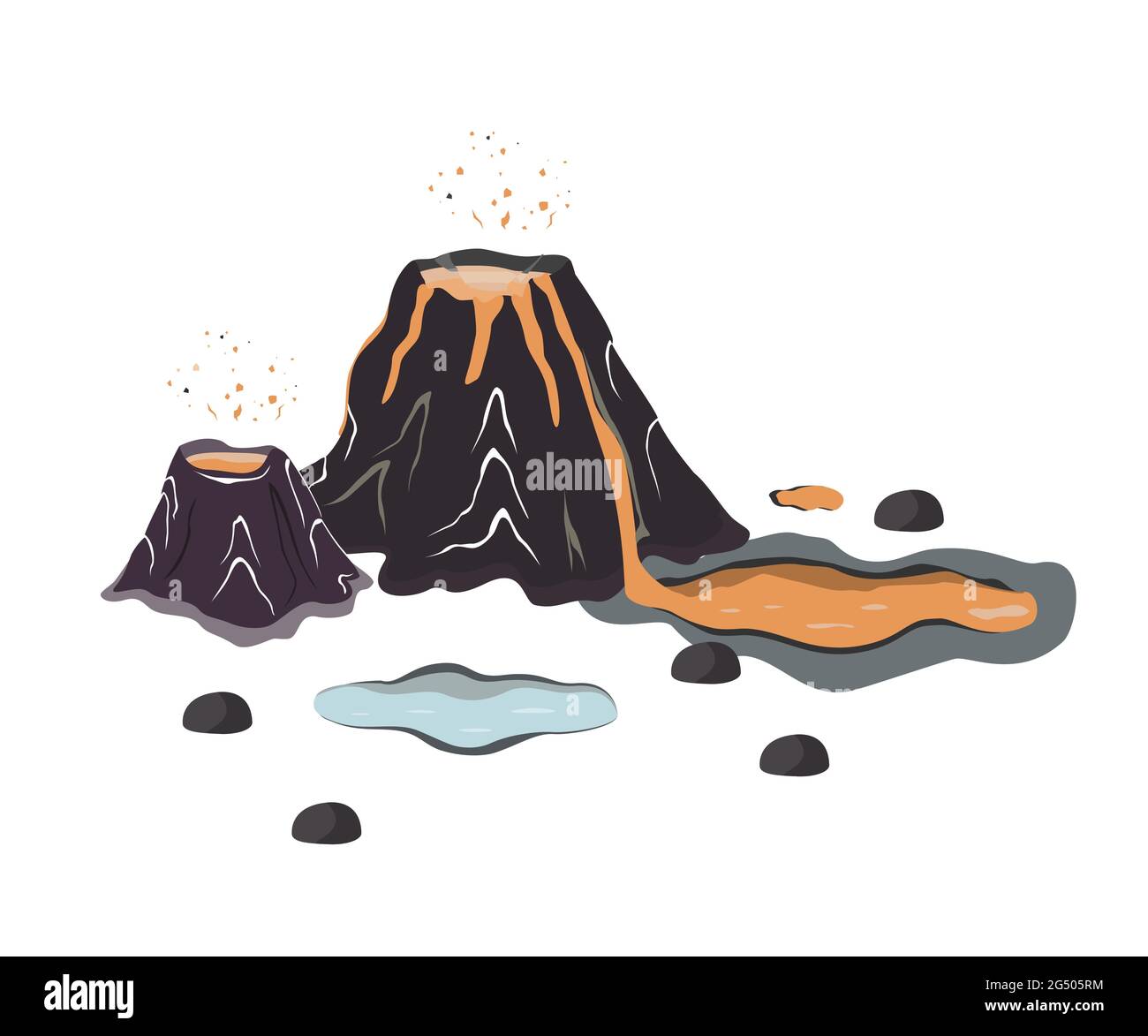Volcano eruption with hot lava. Cartoon Jurassic landscape design elements, vector illustration Stock Vector