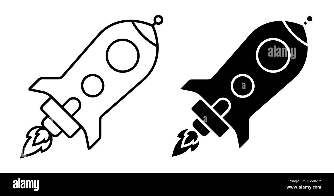 Flying space rocket icon. Flights to Mars,  Moon and planets of solar system. Technologies for space exploration. Simple black and white vector Stock Vector