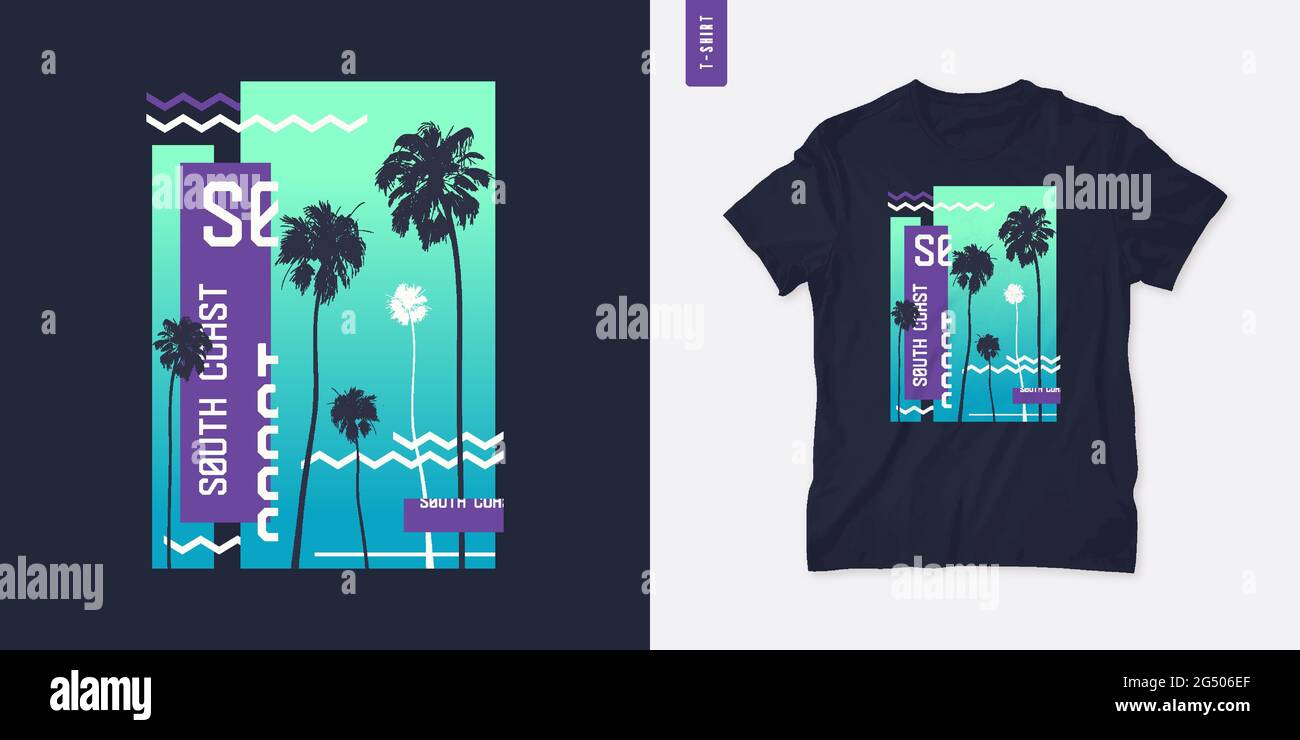 South coast graphic t-shirt design with palm trees, vector illustration Stock Vector