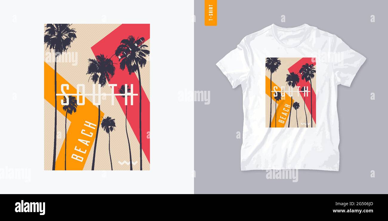 South beach graphic t-shirt design with palm trees, vector illustration Stock Vector