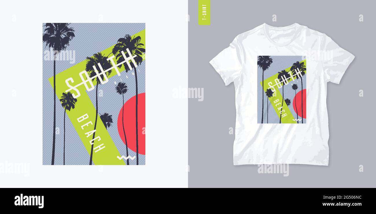 South beach graphic t-shirt design with palm trees, vector illustration Stock Vector