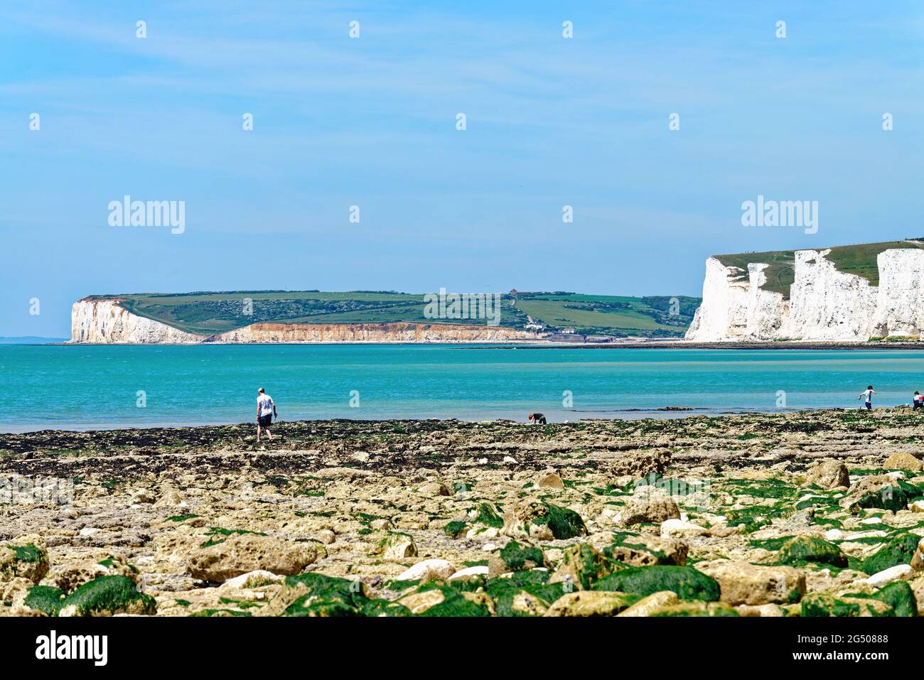 The view from Birling Gap across to Cuckmere Haven on a hot summers day Near Eastbourne East Sussex England UK Stock Photo