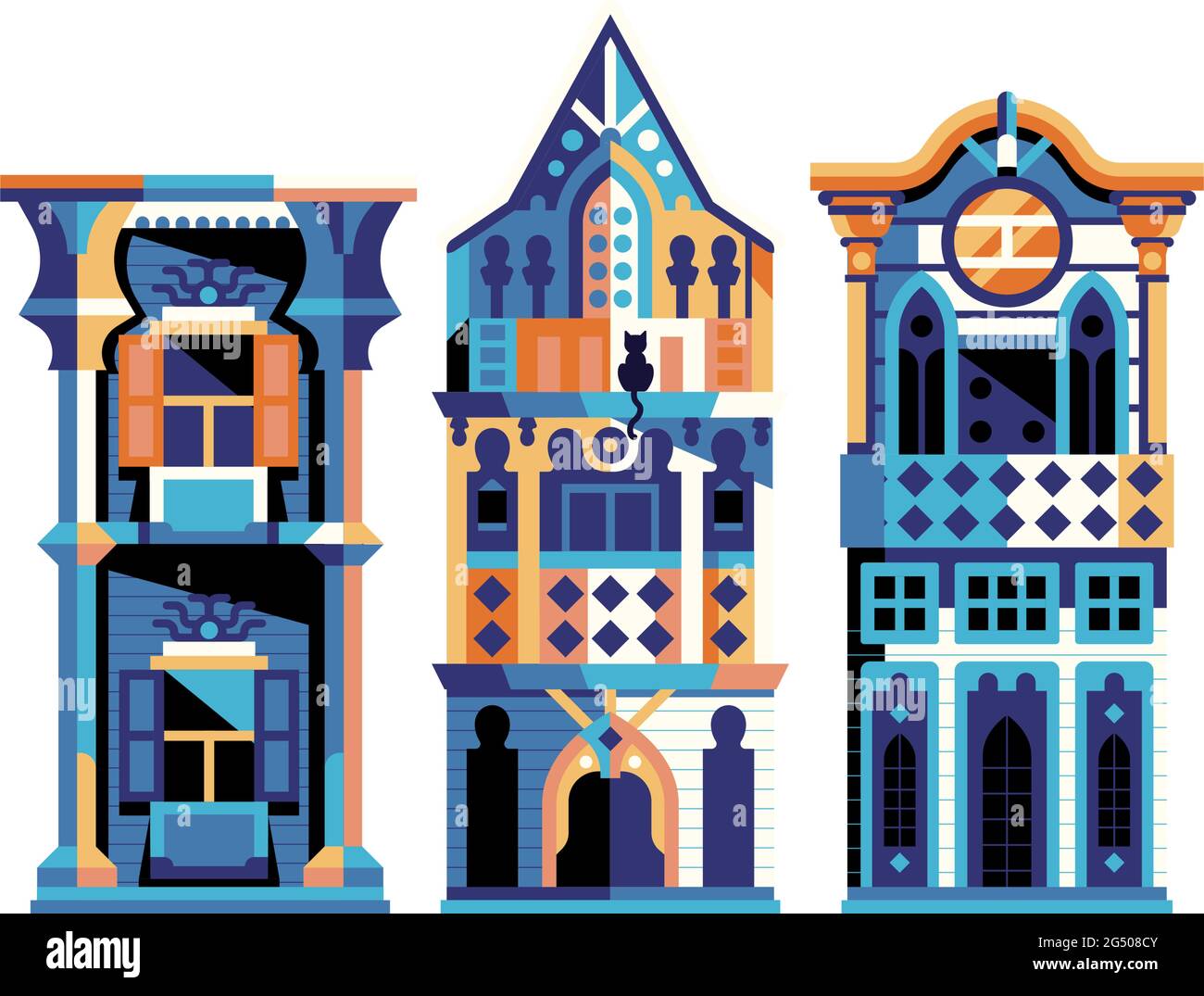 Ottoman Wooden Houses and Turkish Manors in Flat Stock Vector