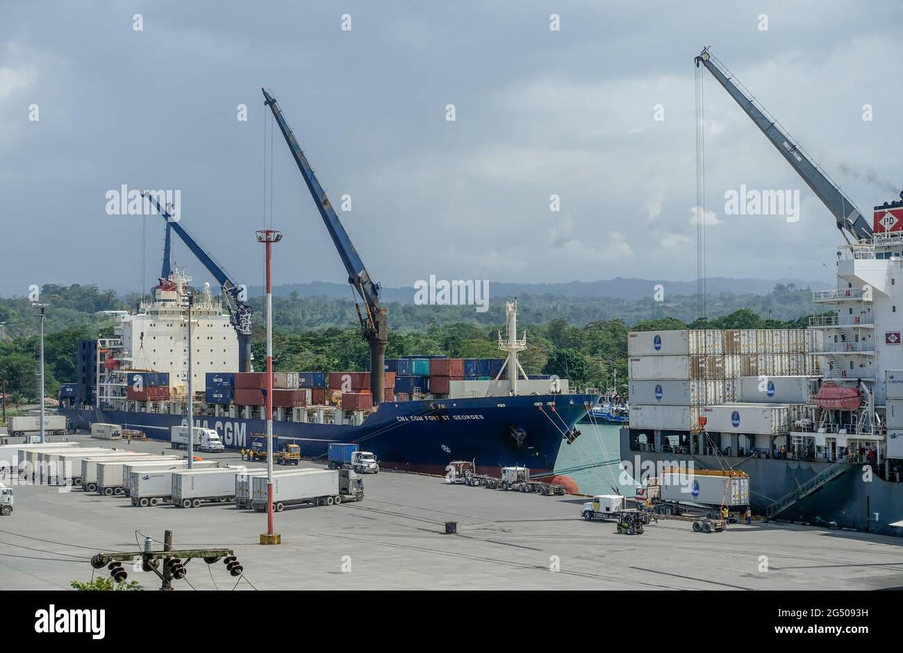 Container ships at the Caribbean port of Moin, Costa Rica Stock Photo