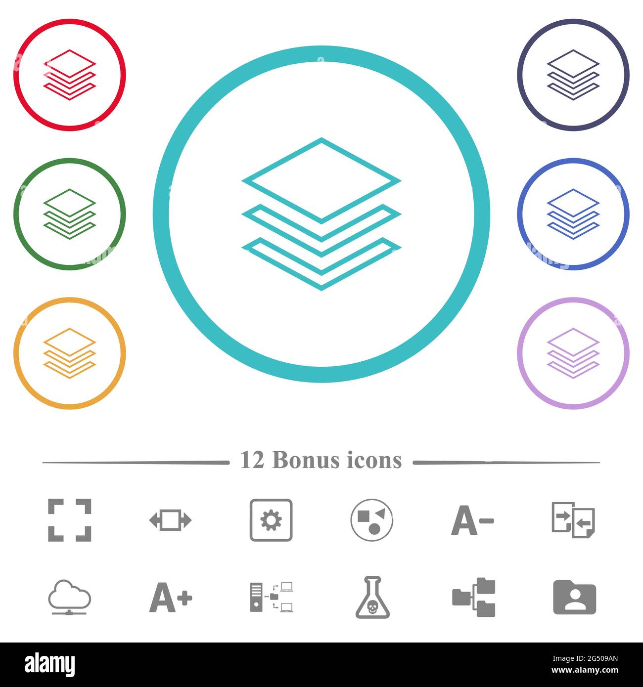 Layers flat color icons in circle shape outlines. 12 bonus icons ...