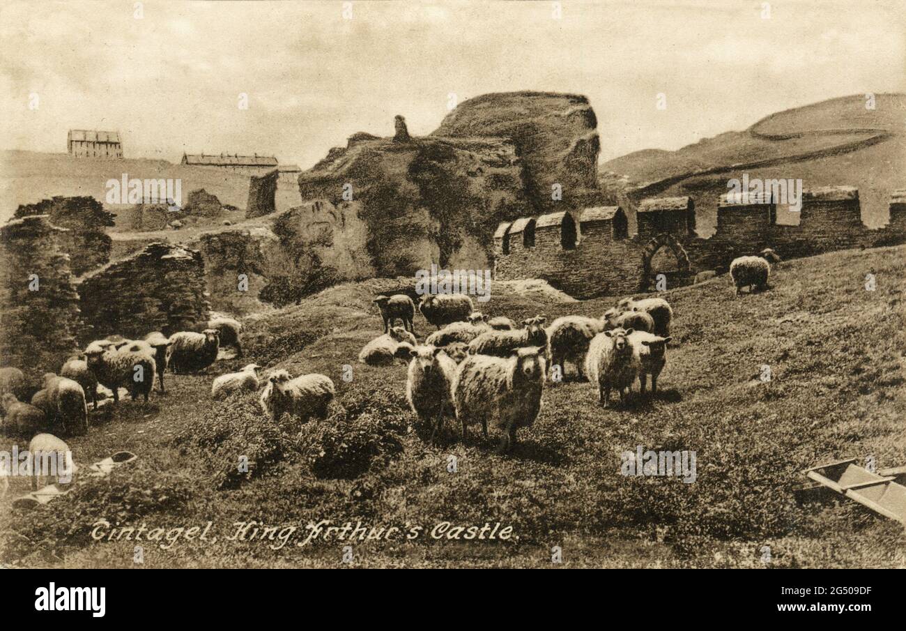 Vintage postcard entitled “Tintagel, King Arthur’s Castle”. Cornwall, England. Circa. 1932. Stock Photo