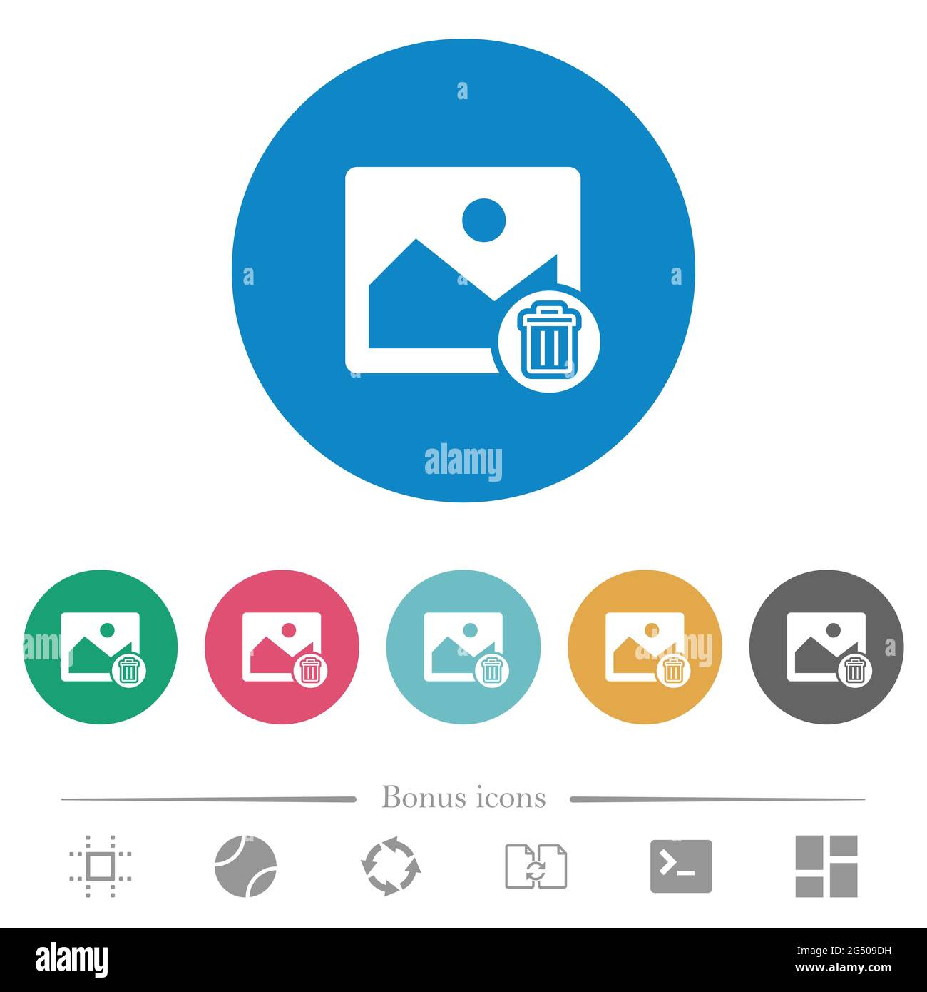 Delete image flat white icons on round color backgrounds. 6 bonus icons ...
