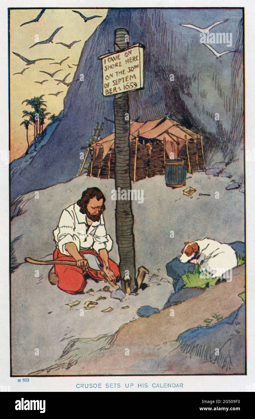 A book illustration entitled ‘Crusoe sets up his calendar’ by the English illustrator, John Hassall. Published in the book ‘The Life and Surprising Adventures of Robinson Crusoe of York, Mariner’ by Daniel Defoe, circa. 1915. Stock Photo