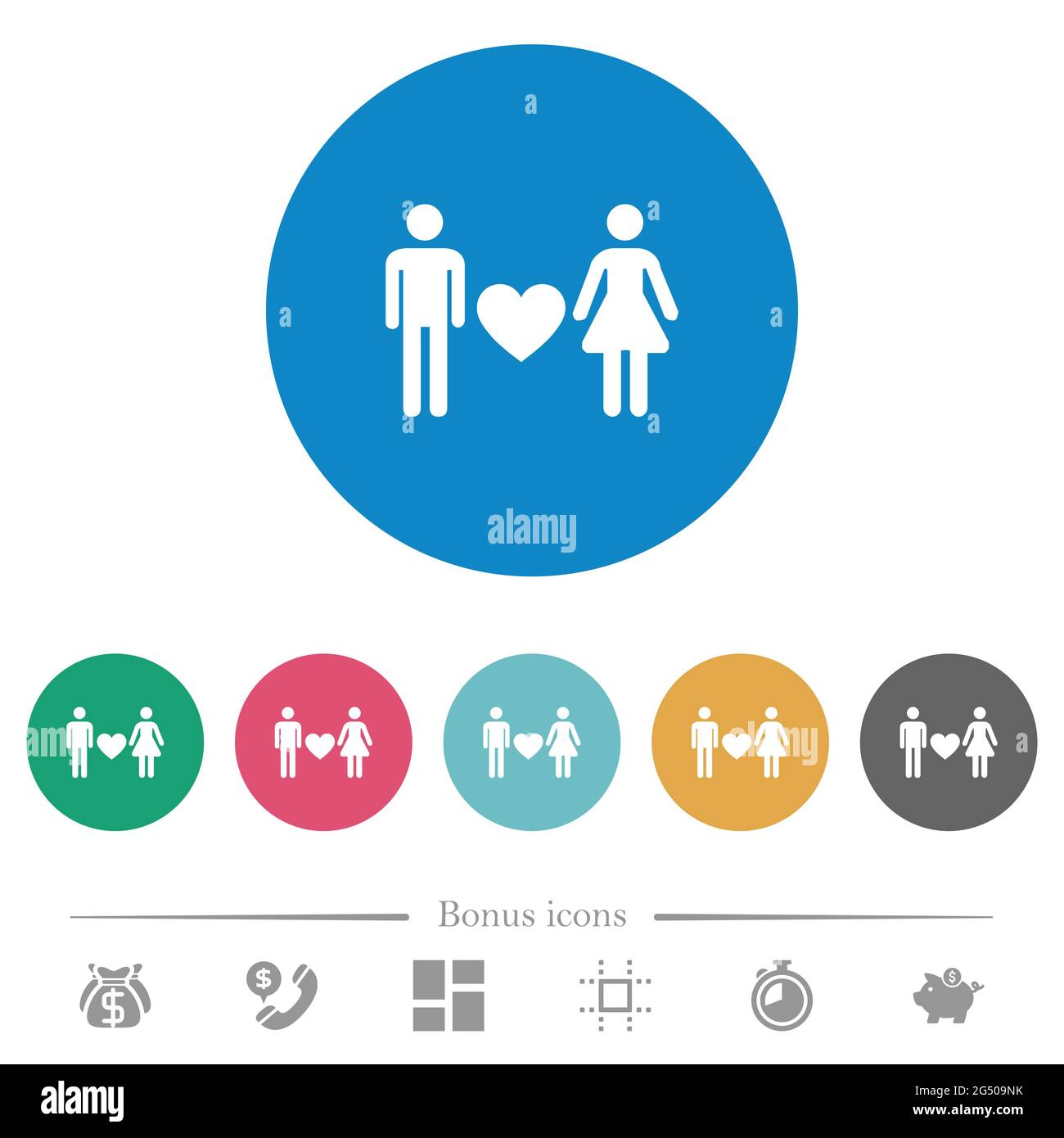 Dating flat white icons on round color backgrounds. 6 bonus icons ...
