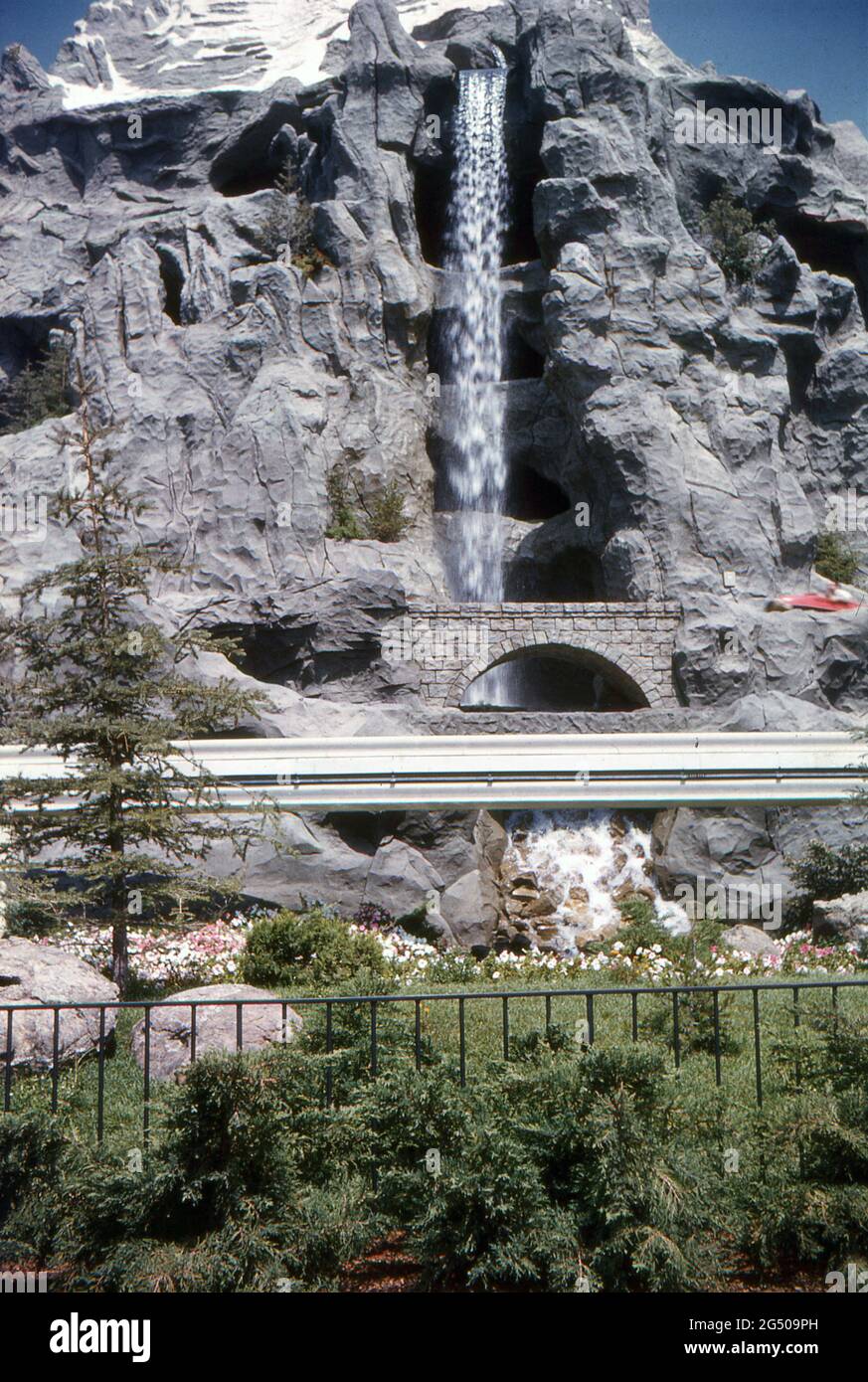 Disneyland, California, 1959. A close-up view of the Matterhorn bobsled  roller coaster shortly after its construction and displaying its original  layout. The waterfall is cascading down the face of the mountain as