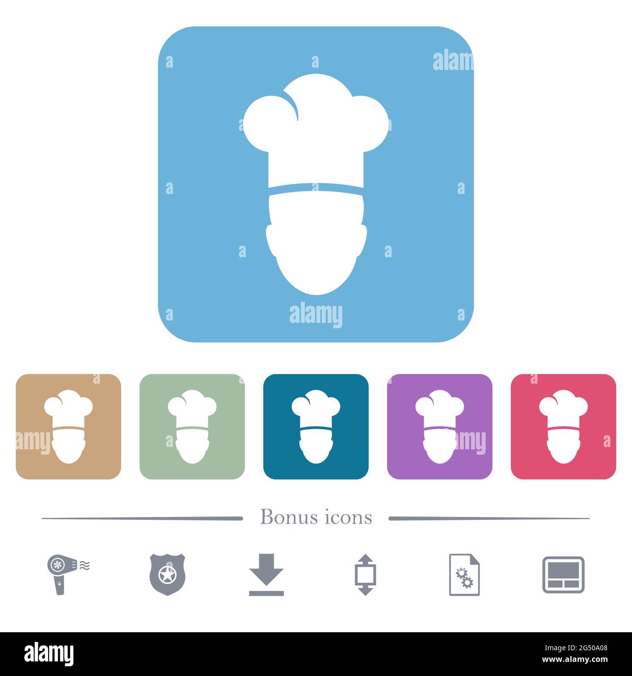 Chef white flat icons on color rounded square backgrounds. 6 bonus ...