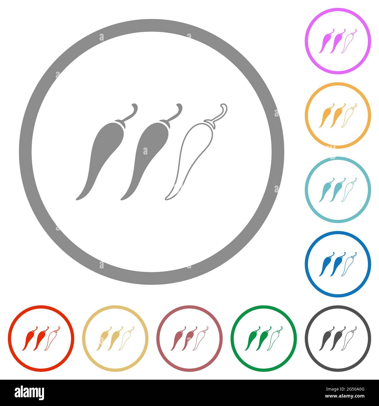 Spicy chili pepper level flat color icons in round outlines on white ...