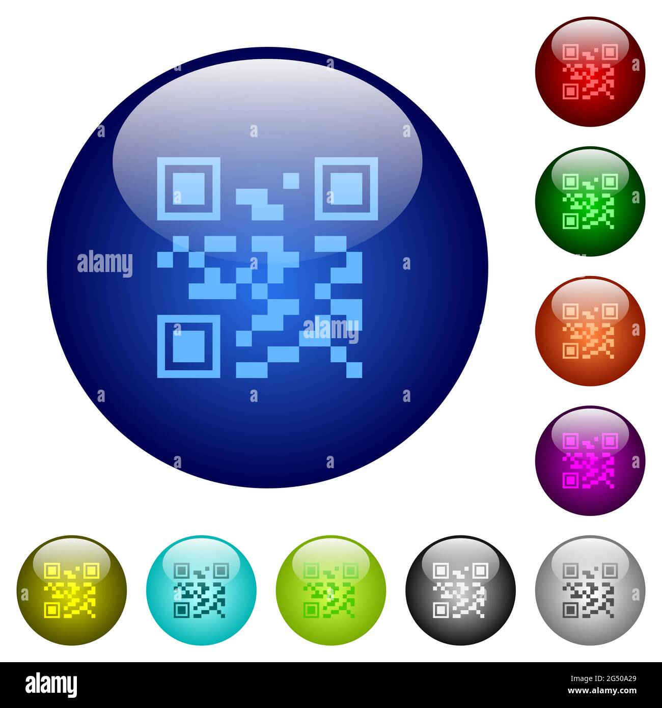 QR code icons on round glass buttons in multiple colors. Arranged layer ...