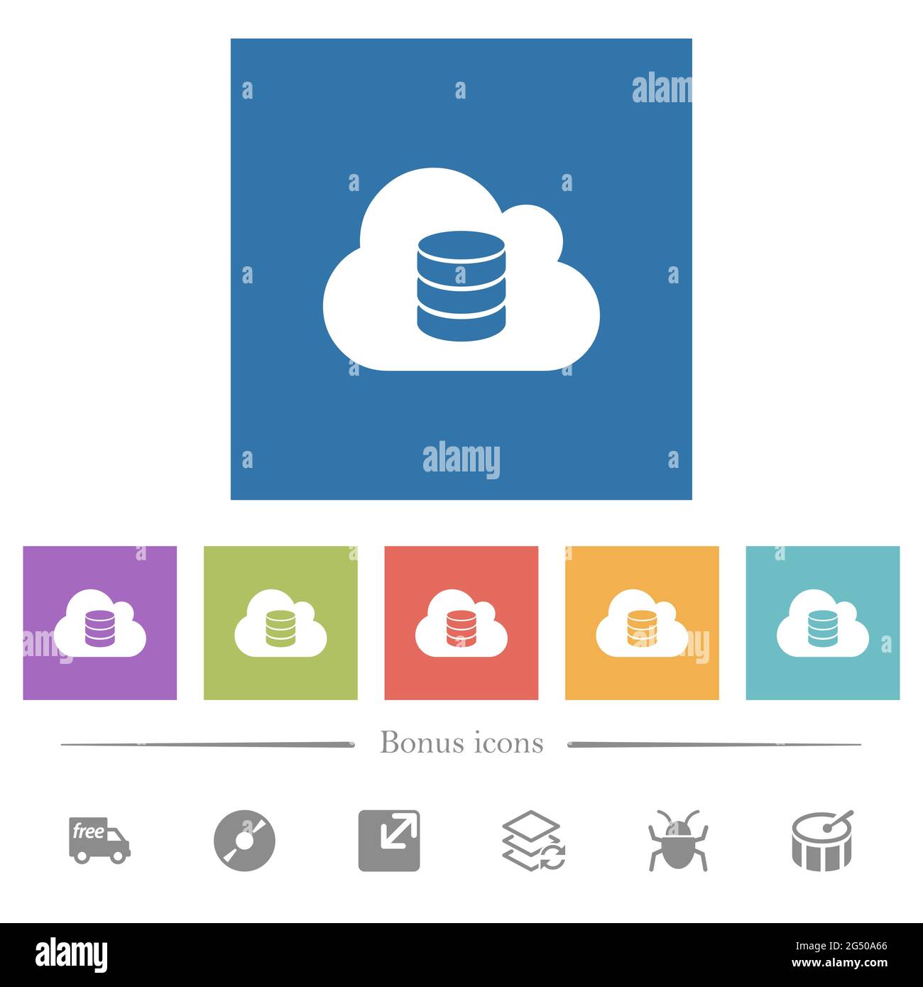 Cloud database flat white icons in square backgrounds. 6 bonus icons ...