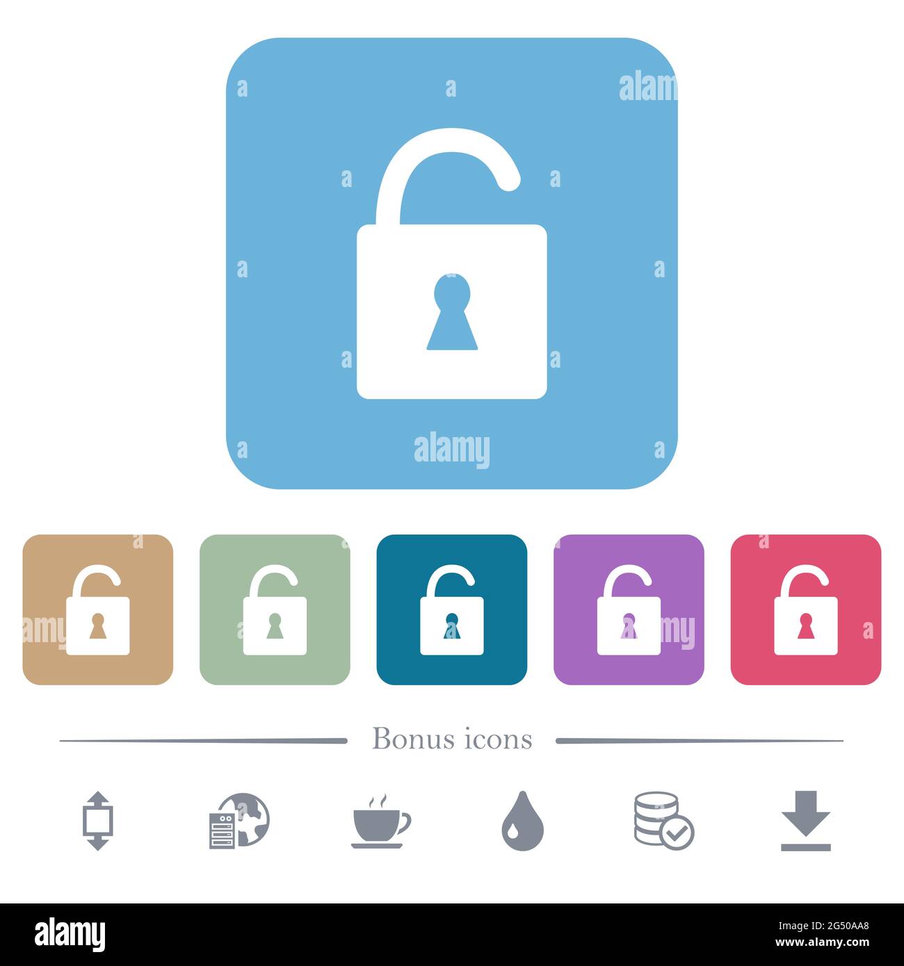 Unlocked padlock with keyhole white flat icons on color rounded square ...