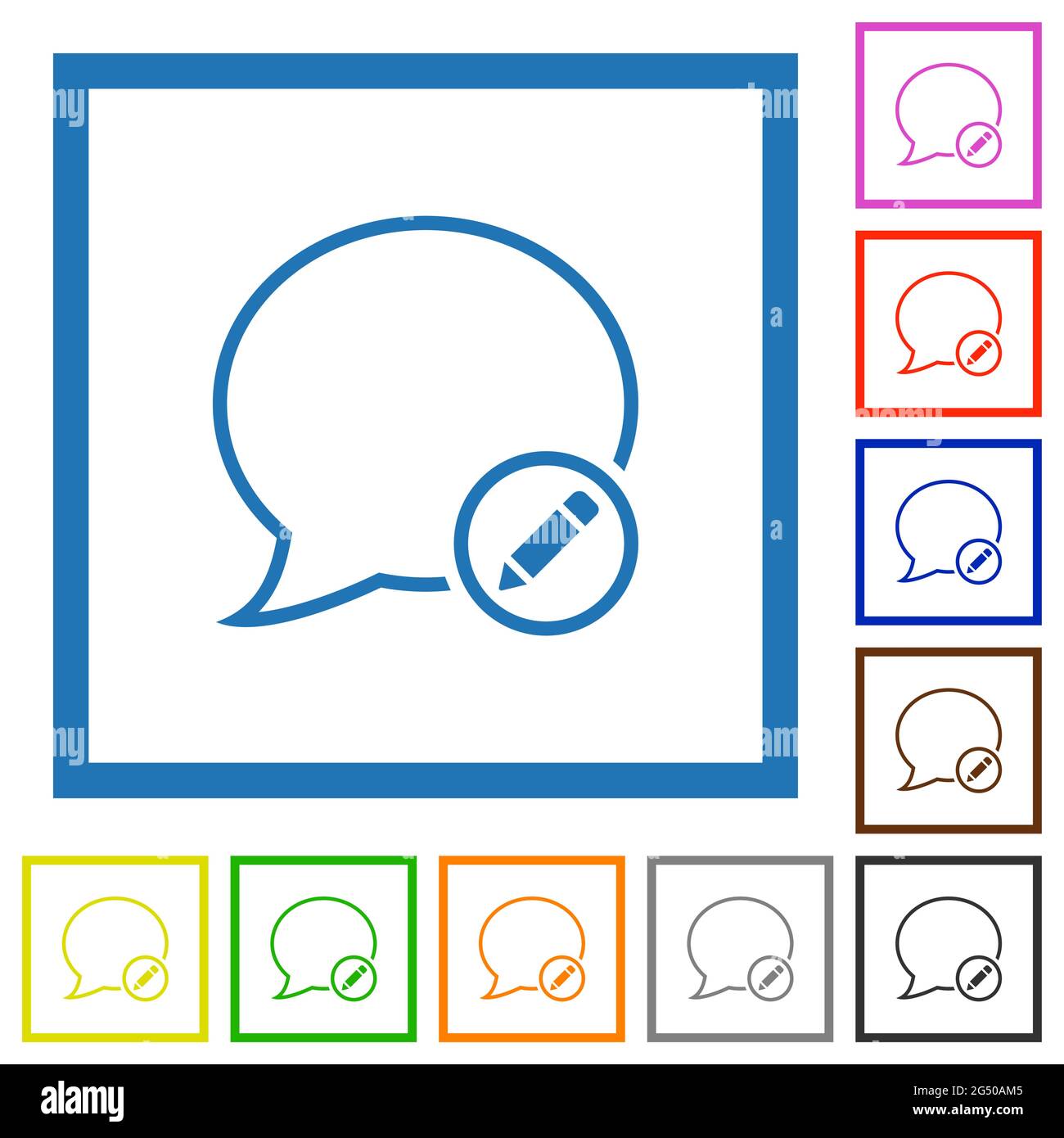 Edit message flat color icons in square frames on white background Stock Vector