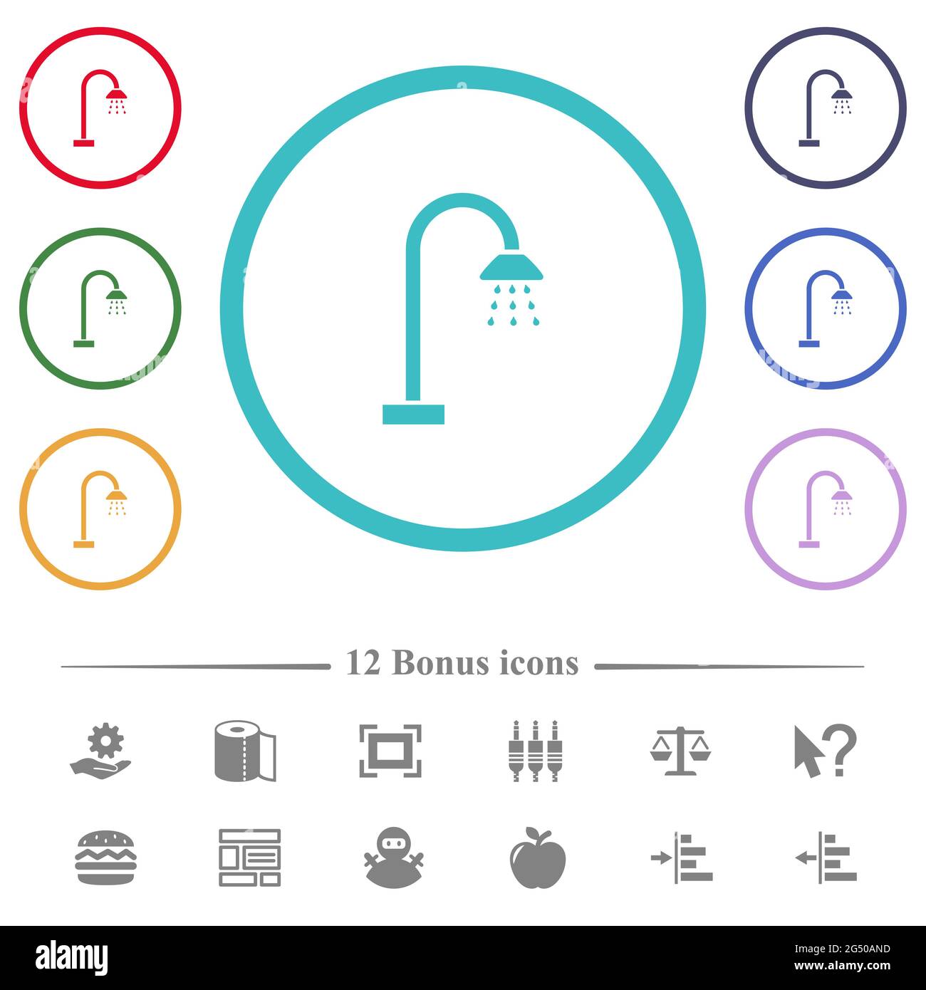 Shower flat color icons in circle shape outlines. 12 bonus icons ...