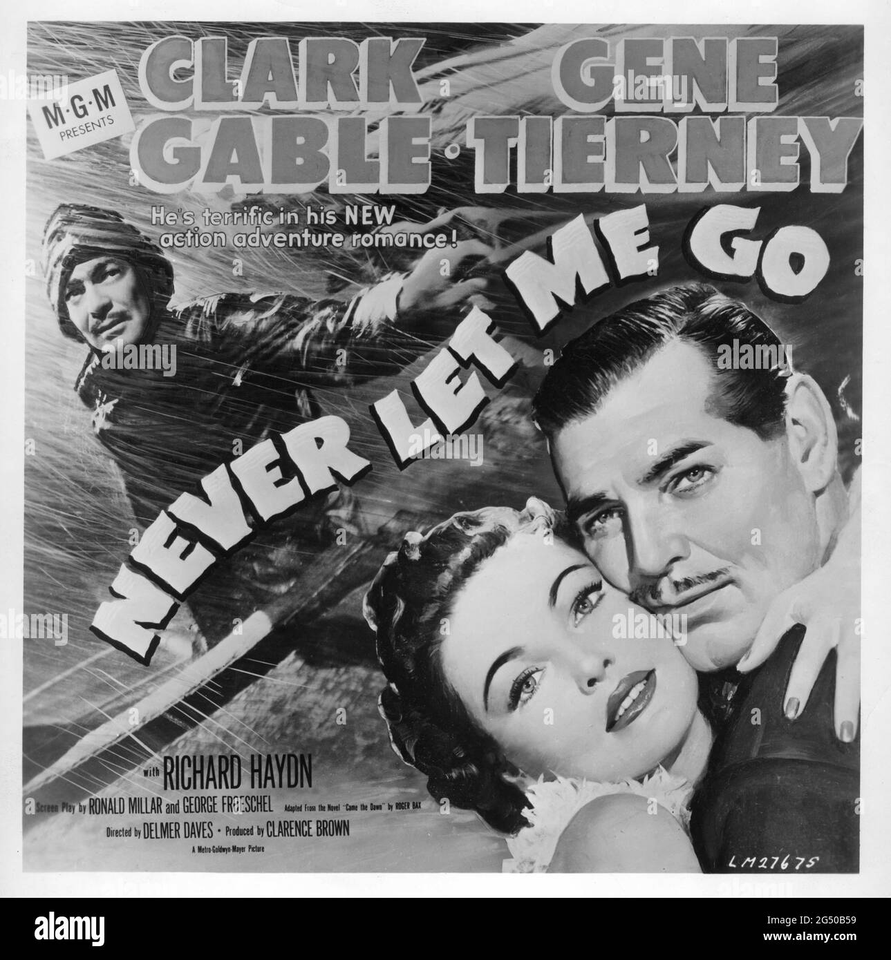 Poster Artwork for CLARK GABLE and GENE TIERNEY in NEVER LET ME GO 1953 director DELMER DAVES from novel Come The Dawn by Paul Winterton producer Clarence Brown Metro Goldwyn Mayer Stock Photo