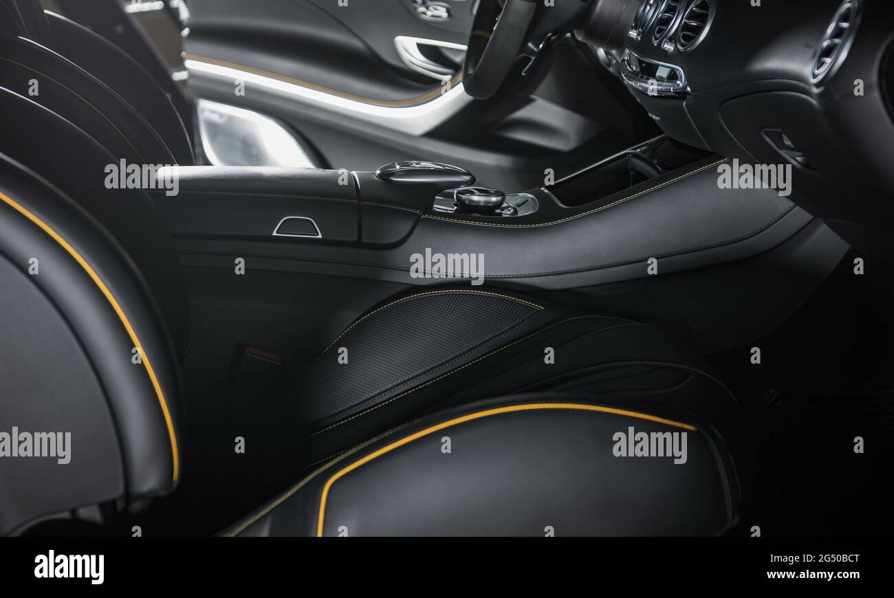 Luxurious Car Dark Leather Front Seats Interior Design. Modern