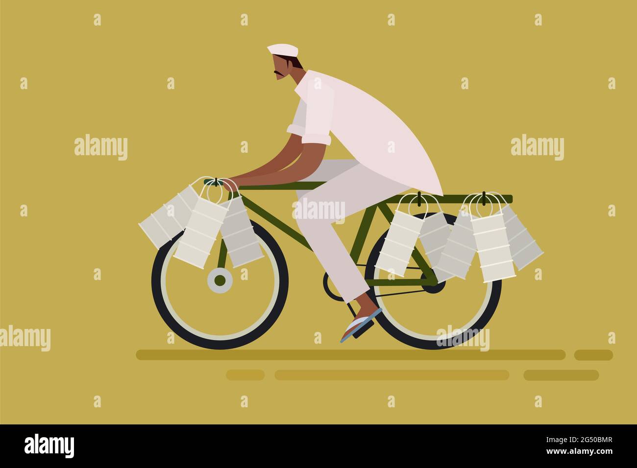 'Dabbawala' delivering lunch boxes boxes on cycle. A regular scene from Mumbai, India Stock Vector