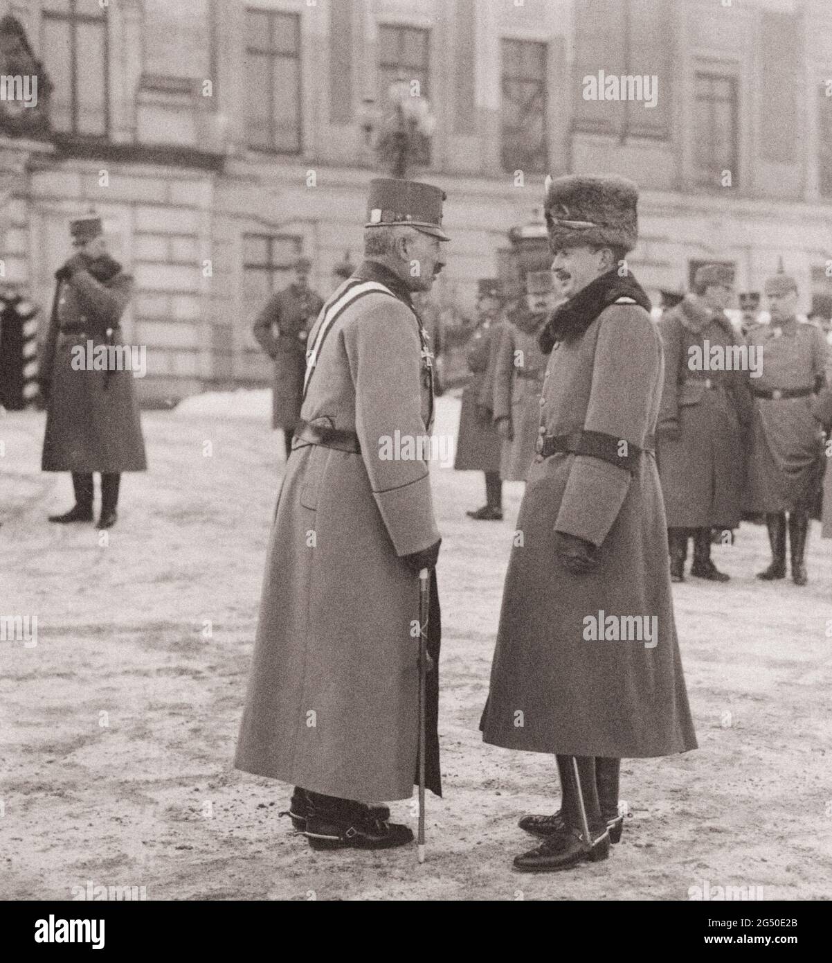 The German Emperor William II in conversation with Charles I of Austria (Emperor Karl I). 1917 Stock Photo