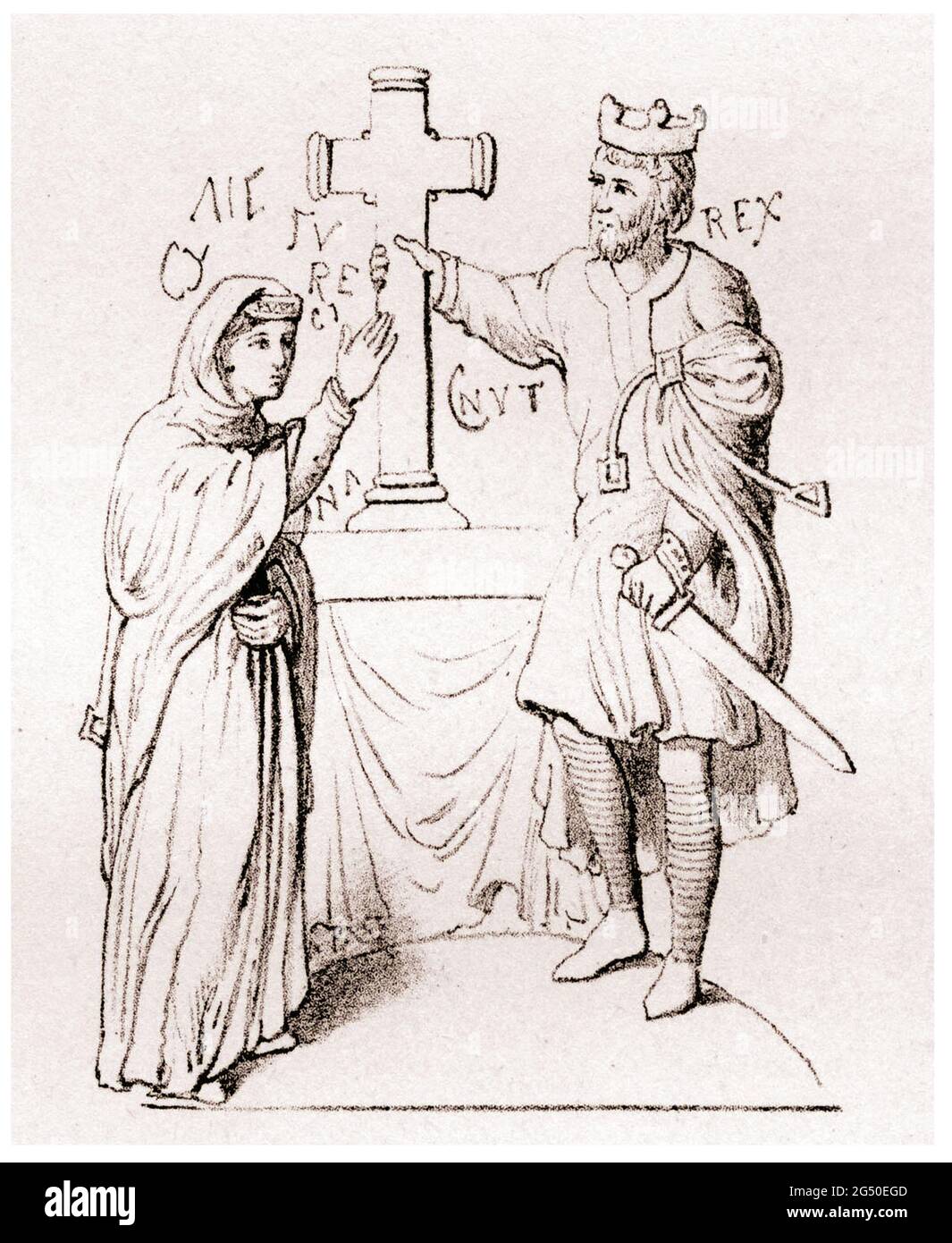 Ancient engraving of Emma of Normandy  Emma of Normandy (c. 984 – 1052) was Queen of England, Denmark and Norway through her marriages to Aethelred th Stock Photo