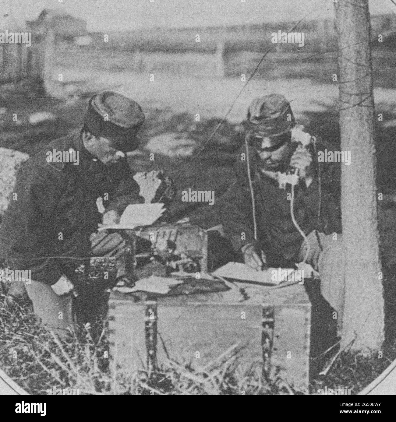 Vintage photo from World War I period. Austrian signallers at work. Austro-Hungarian Empire. 1914 Stock Photo