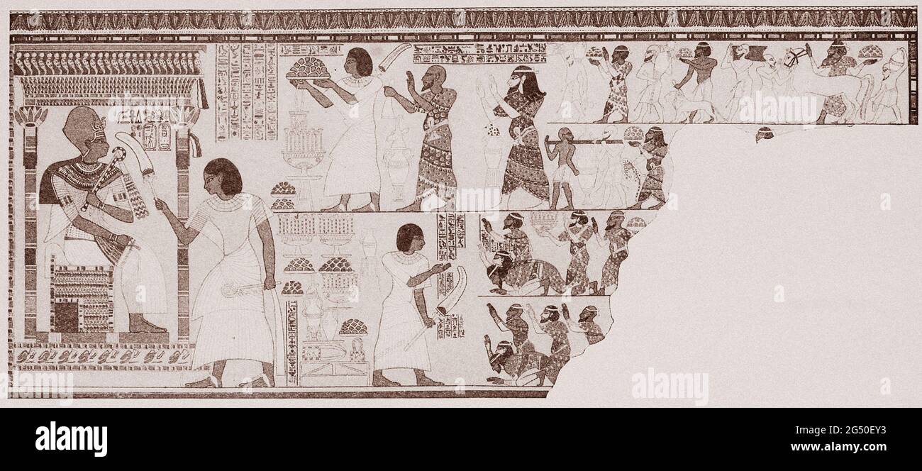 Ancient Egypt. The Empire. 1912  A pharaoh of the empire receiving Asiatic envoys bearing tribute. They are introduced by white-robed Egyption officia Stock Photo