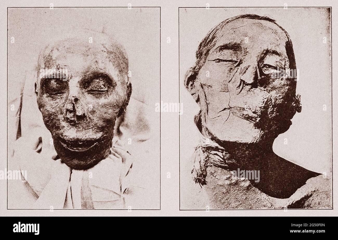 Ancient Egypt. The Empire. 1912  Left: Head of Thutmose III (from his mummy. Cairo Museum). Right: Head of Amenhotep II, son of Thutmos III (From his Stock Photo