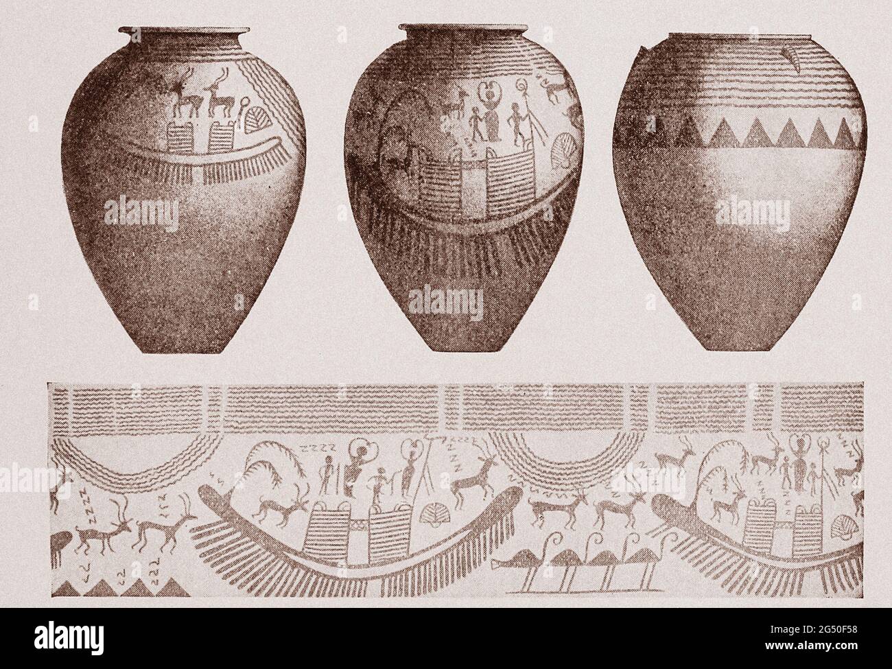 Ancient Egypt. Predynastic pottery with painted designs of boats, animals, men and women. 1912 book illustration Stock Photo