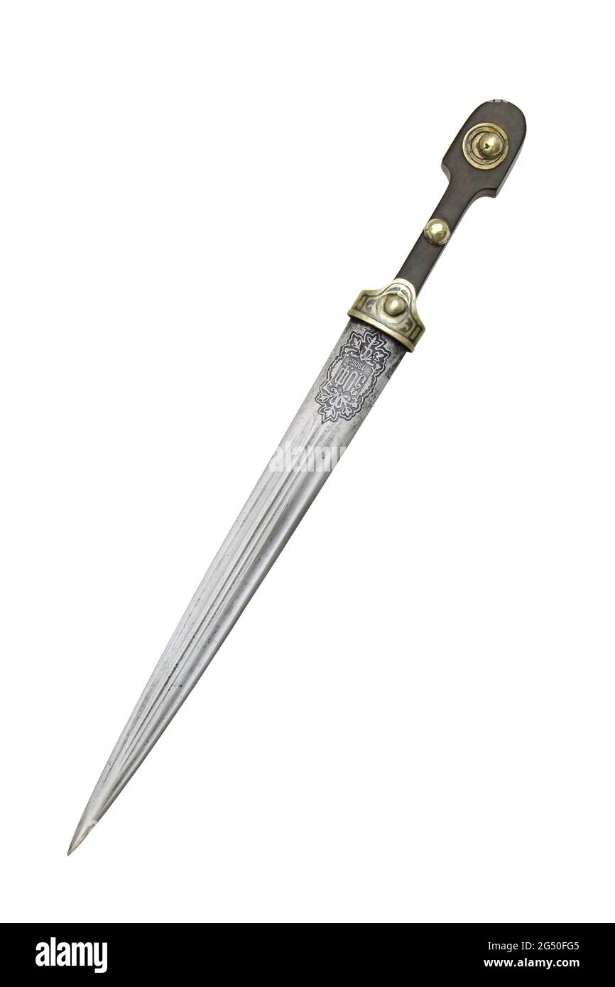 The beautiful example of the dagger of the Caucasian Cossack troops (model 1904 year) with cartouche on the both sides. Stock Photo